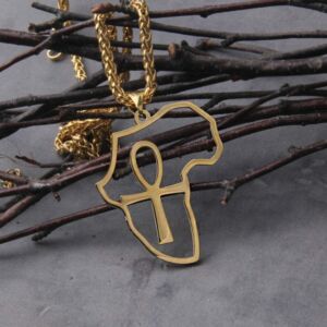 Stainless Steel Africa Map & Ankh Pendant Necklace Gold Color Jewelry Egyptian Symbol Cross 2
