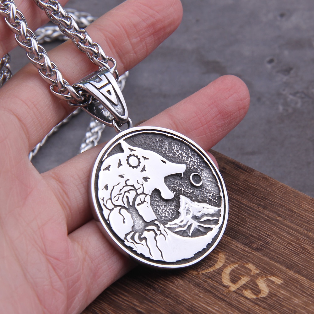 Wolf Head and Life Tree Norse Viking Pendant Necklace Never Fade Stainless Steel 2
