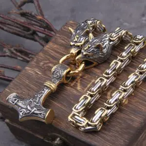 Wolf Head Nnorse Viking Amulet - Thors Hammer Pendant Necklace 2