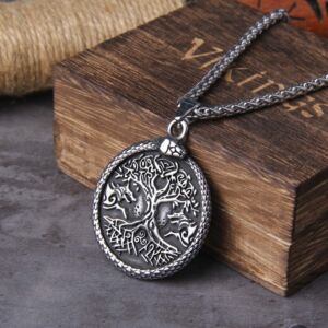 Never Fade Men ouroboros stainless steel life tree with wolf head pendant necklace 3
