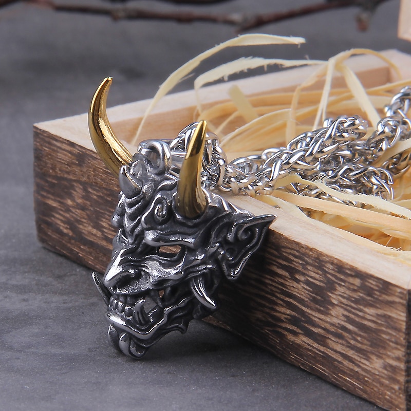 Vikings Jewelry Never Fade Stainless Steel Satanic Demon Men Necklace With Wooden Box as gift 2