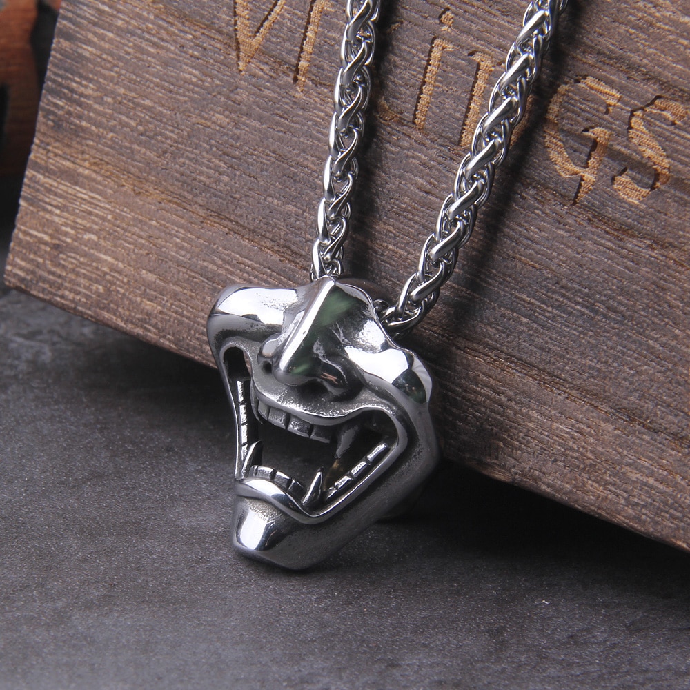 Vikings Jewelry Never Fade Stainless Steel Satanic Demon Men mask Necklace With Wooden Box as gift 2