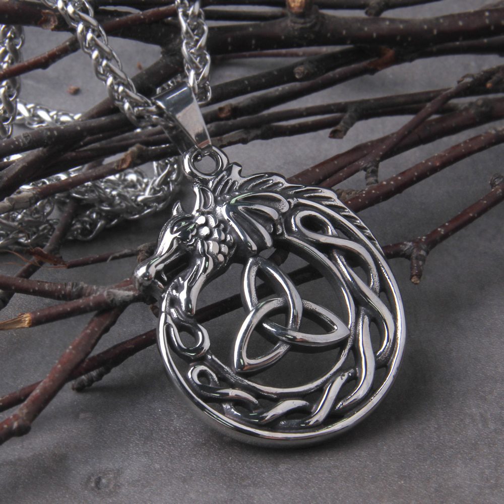 Punk Vikings Dragon Stainless Steel Necklace Mens Nordic Runes Pendant Triangle Vegvisir Amulet 2