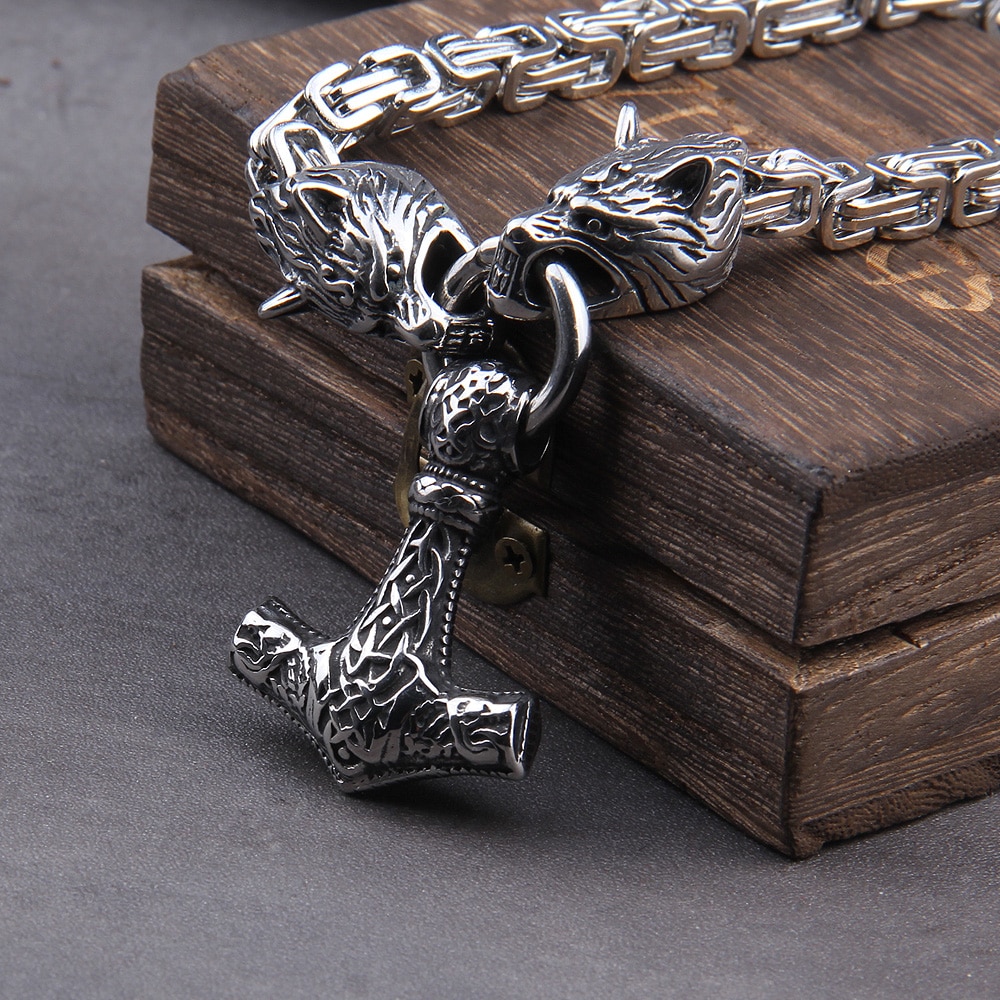 Stainless Steel Wolf Head with Square Chain Necklace Thor's Hammer Mjolnir Viking Necklace 2
