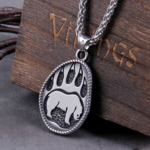 Retro Style Stainless Steel Bear Paw Round Necklace Roaring Bear Print Pendant Necklace 1