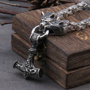 Stainless Steel Wolf Head with Square Chain Necklace Thor's Hammer Mjolnir Viking Necklace 1
