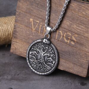Never Fade Men ouroboros stainless steel life tree with wolf head pendant necklace 1
