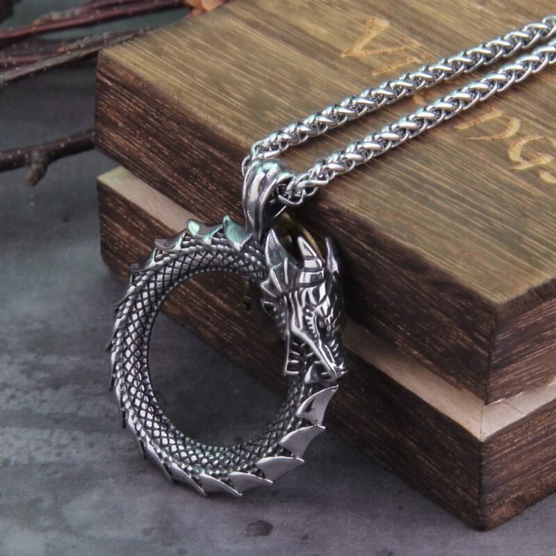 Stainless steel Viking Self-devourer Ouroboros Valknut Amulet dragon Pendant Necklace 1