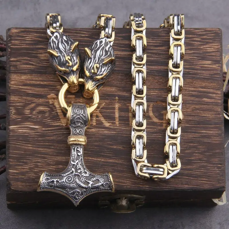 Wolf Head Nnorse Viking Amulet - Thors Hammer Pendant Necklace 1