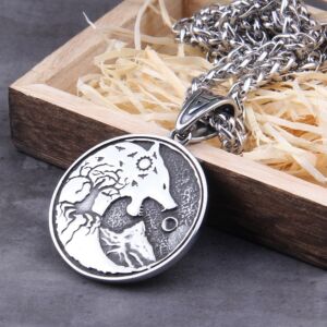 Wolf Head and Life Tree Norse Viking Pendant Necklace Never Fade Stainless Steel 1