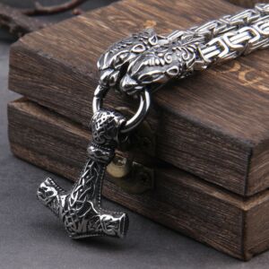 Wolf Head with Square Chain Necklace Thor's Hammer Mjolnir Viking Necklace 2