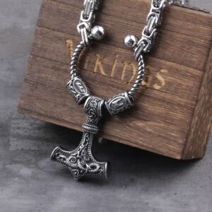 King Chain With Rune Beads and Thor's Hammer Mjolnir Viking Necklace 1