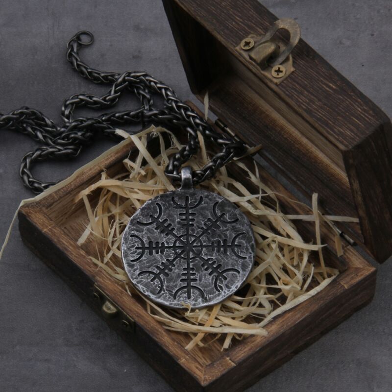 "Helm of Awe" and "Viking Vegvisir" Iron Color Viking Rune Pendant Necklace 1