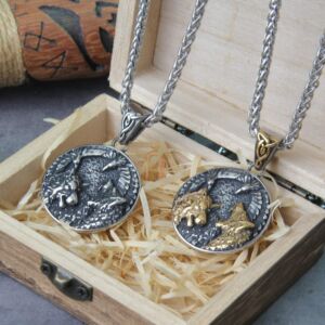 Wolf and Raven Norse Viking Pendant Necklace Vikings Never Fade Stainless Steel 3