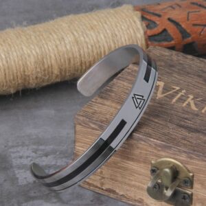 Stainless Steel Men's Handmade Nordic Valknut Bangle Viking Never Fade with wooden box as gift never fade 3