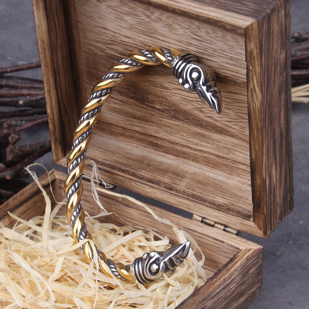 Stainless Steel Nordic Viking Norse Raven Bracelet adjustable Men Wristband Cuff Bracelets with Viking Wooden Box 2