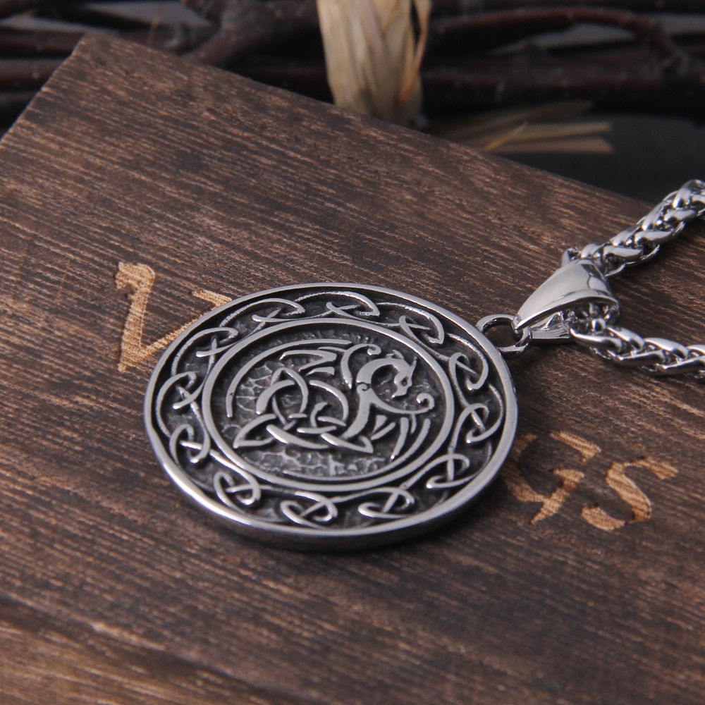 Valknut Double Side Viking Slavic Talisman Knot Celtic Dragon Pendant Necklace 2