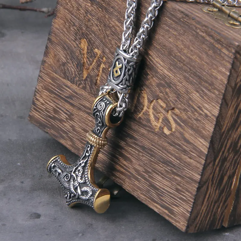 Thor's Hammer Mjolnir Scandinavian Rune Amulet Necklace Stainless Steel Chain Vegvisir Anchor Pendant 1