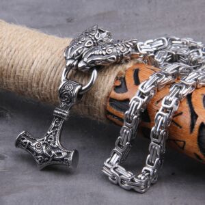 Wolf Head with Square Chain Necklace Thor's Hammer Mjolnir Viking Necklace 5