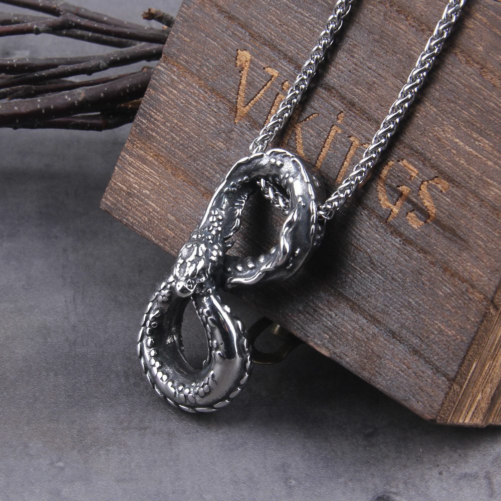 Never Fade Viking Ouroboros vintage punk Snake necklace for men stainless steel fashion Jewelry hippop street culture with wooden box 2