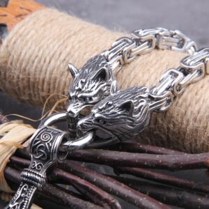 Stainless Steel Wolf Head with Square Chain Necklace Thor's Hammer Mjolnir Viking Necklace 4