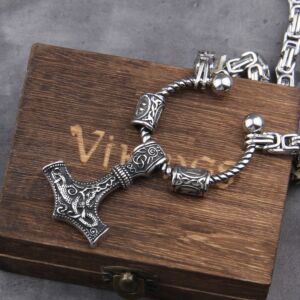 King Chain With Rune Beads and Thor's Hammer Mjolnir Viking Necklace 2