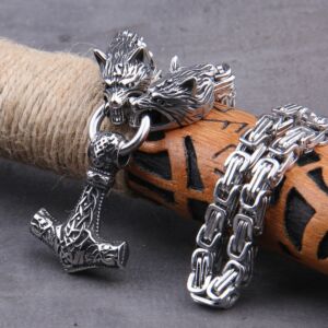 Stainless Steel Wolf Head with Square Chain Necklace Thor's Hammer Mjolnir Viking Necklace 3