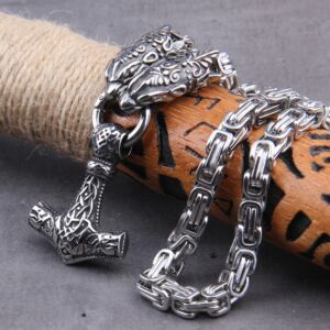 Wolf Head with Square Chain Necklace Thor's Hammer Mjolnir Viking Necklace 4