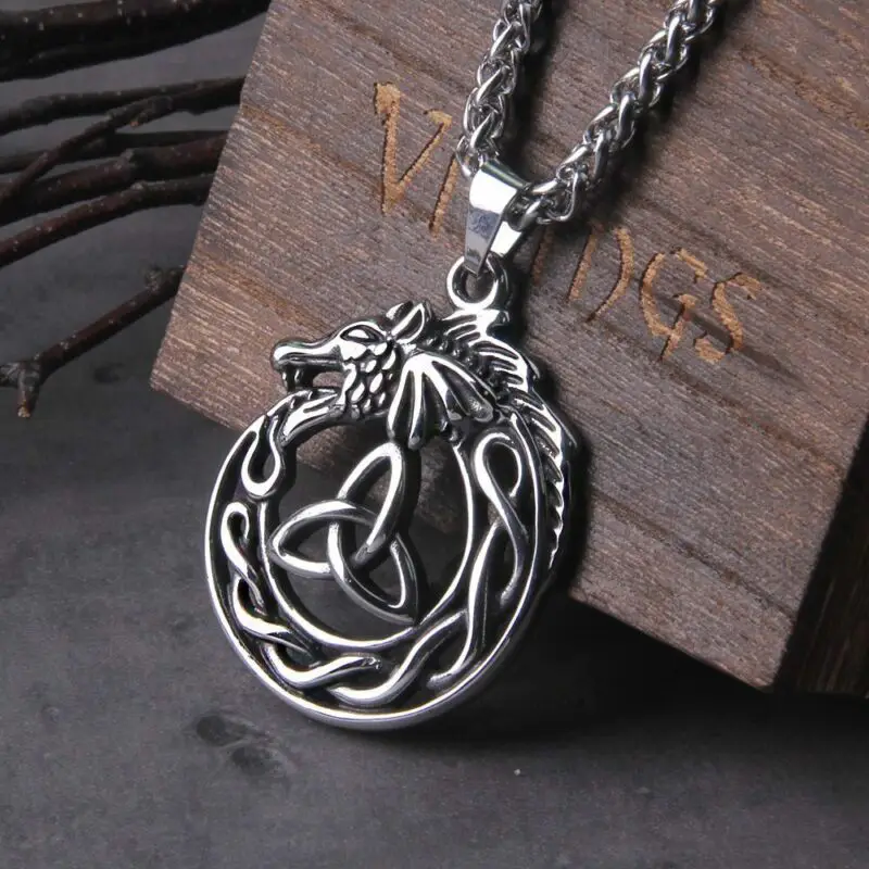 Punk Vikings Dragon Stainless Steel Necklace Mens Nordic Runes Pendant Triangle Vegvisir Amulet 1