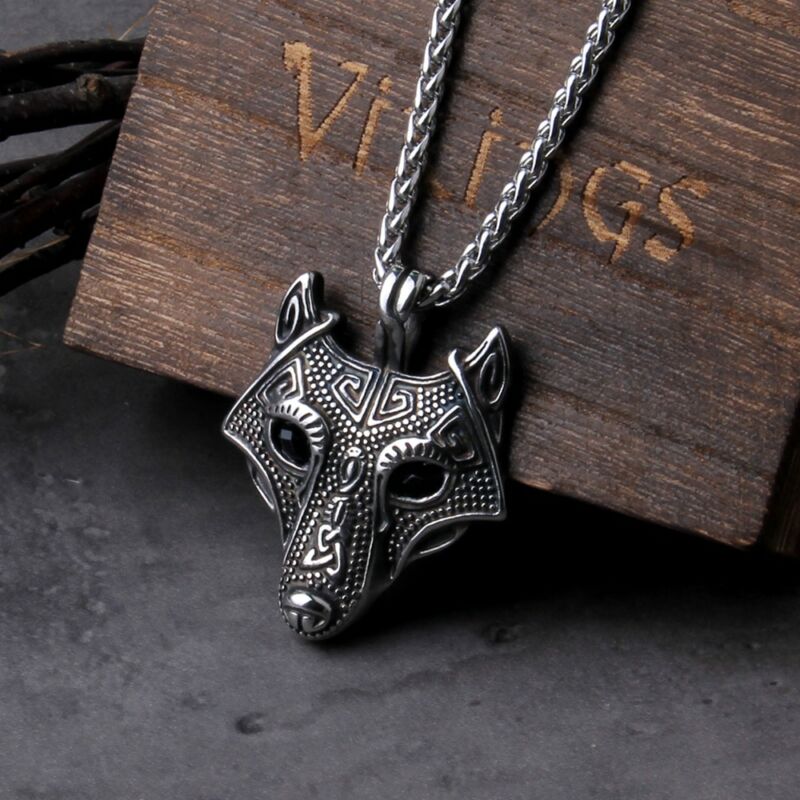 Norse Vikings Wolf Head Necklace Pendant Black Crystal Eyes Original Animal Jewelry 1