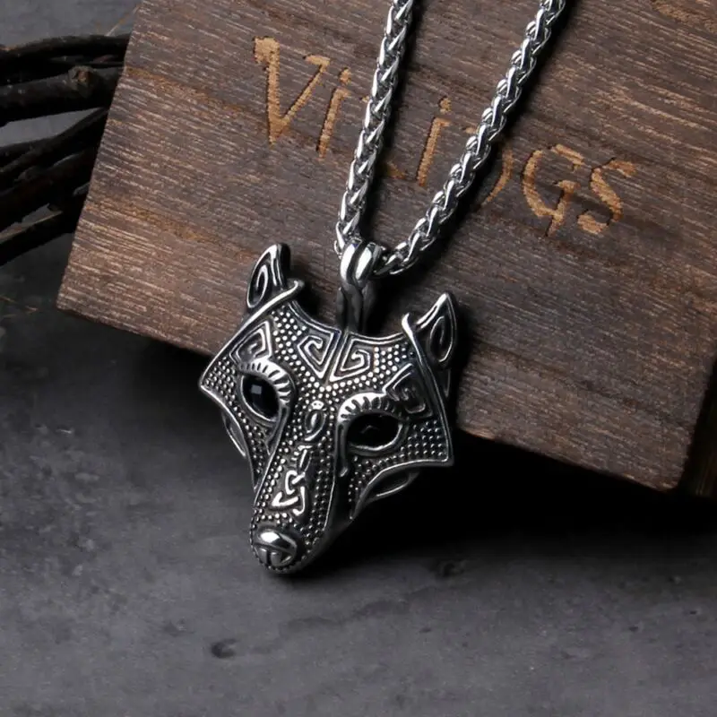 Norse Vikings Wolf Head Necklace Pendant Black Crystal Eyes Original Animal Jewelry 1